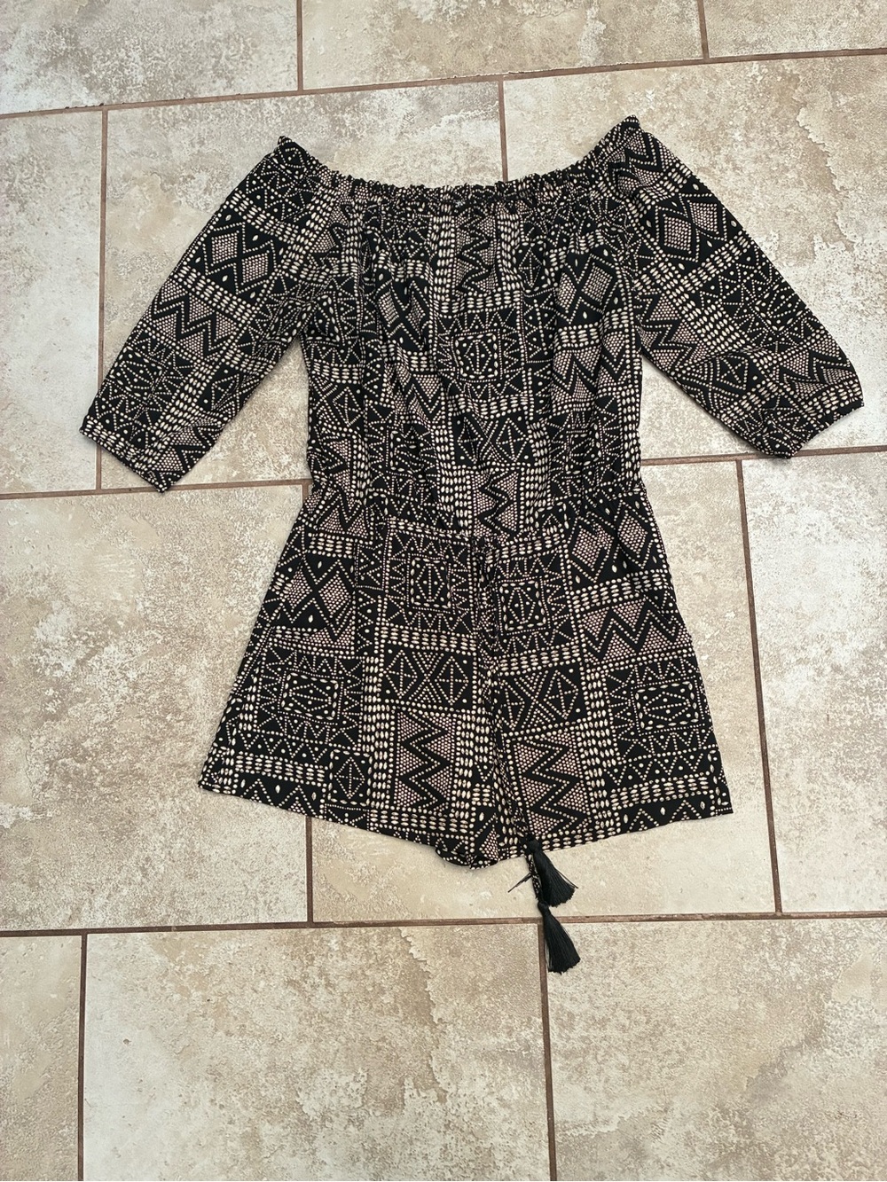 Veronica M Black and Cream Off-Shoulder Printed Romper with Tassel Tie